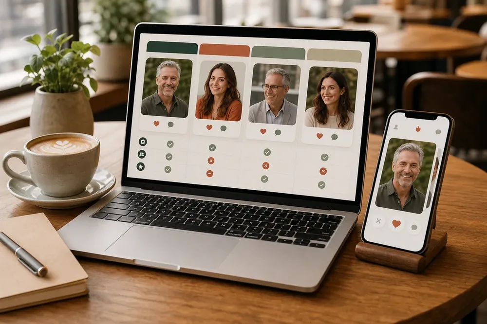 Dating sites shown on laptop and phone for safety review