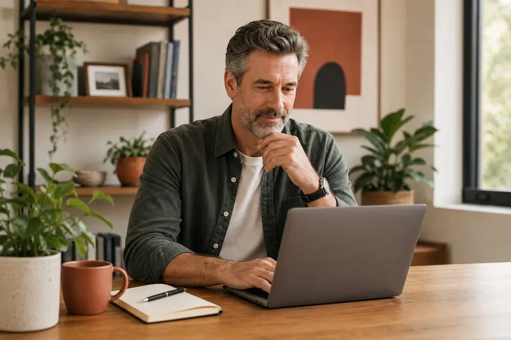 Older man writing a thoughtful dating profile on a laptop