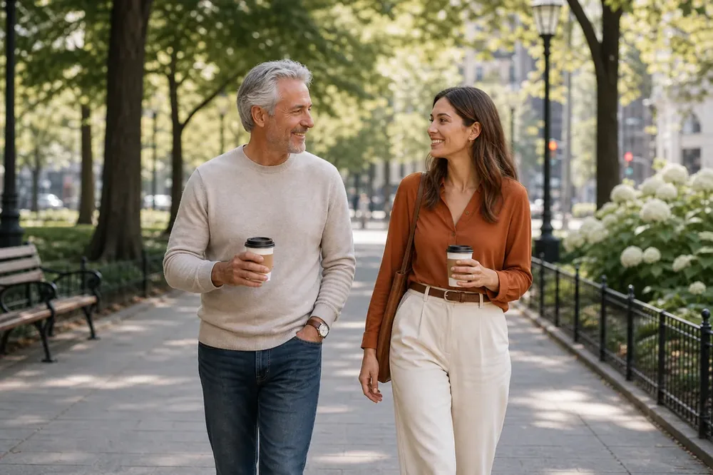 Older man and younger woman meeting in a public park