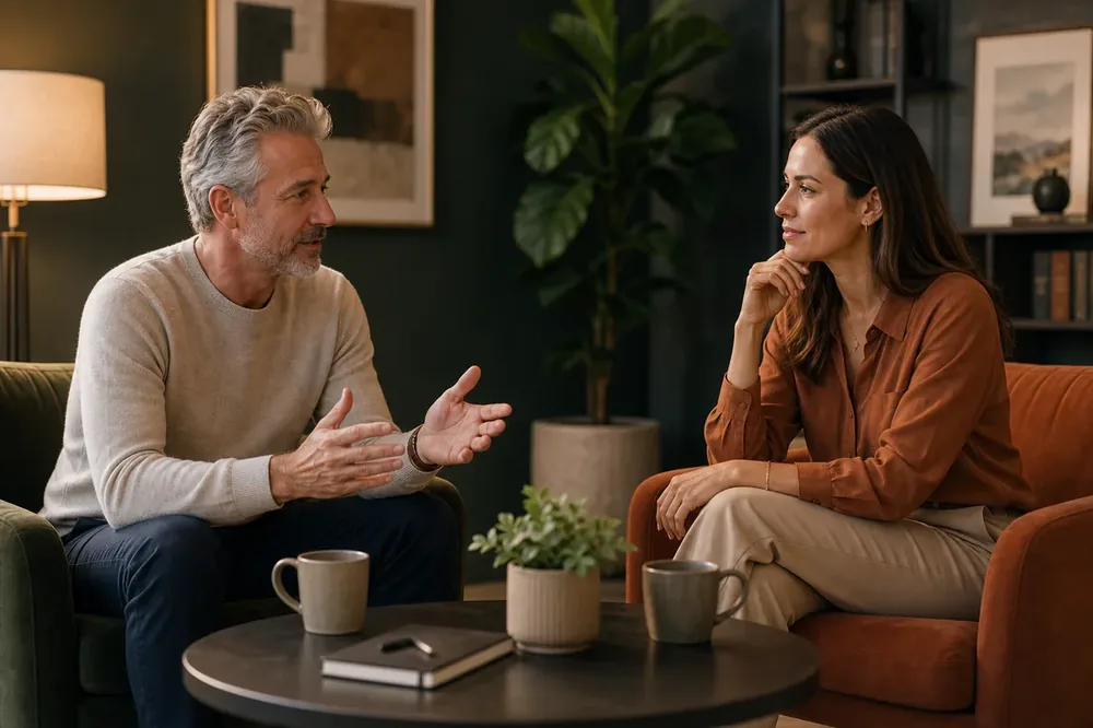 Older man and younger woman discussing relationship expectations