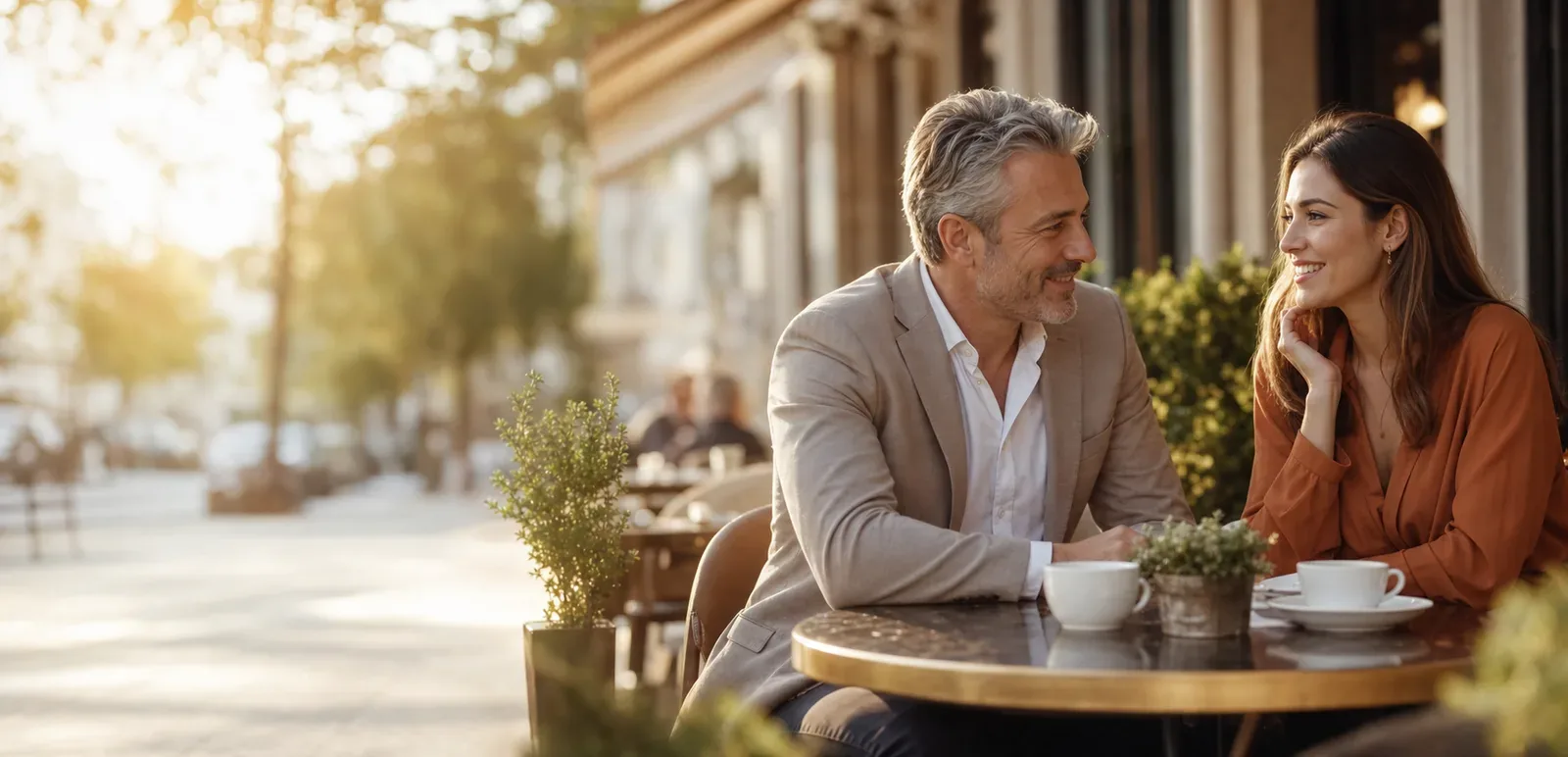 Older man and younger woman talking at an outdoor cafe